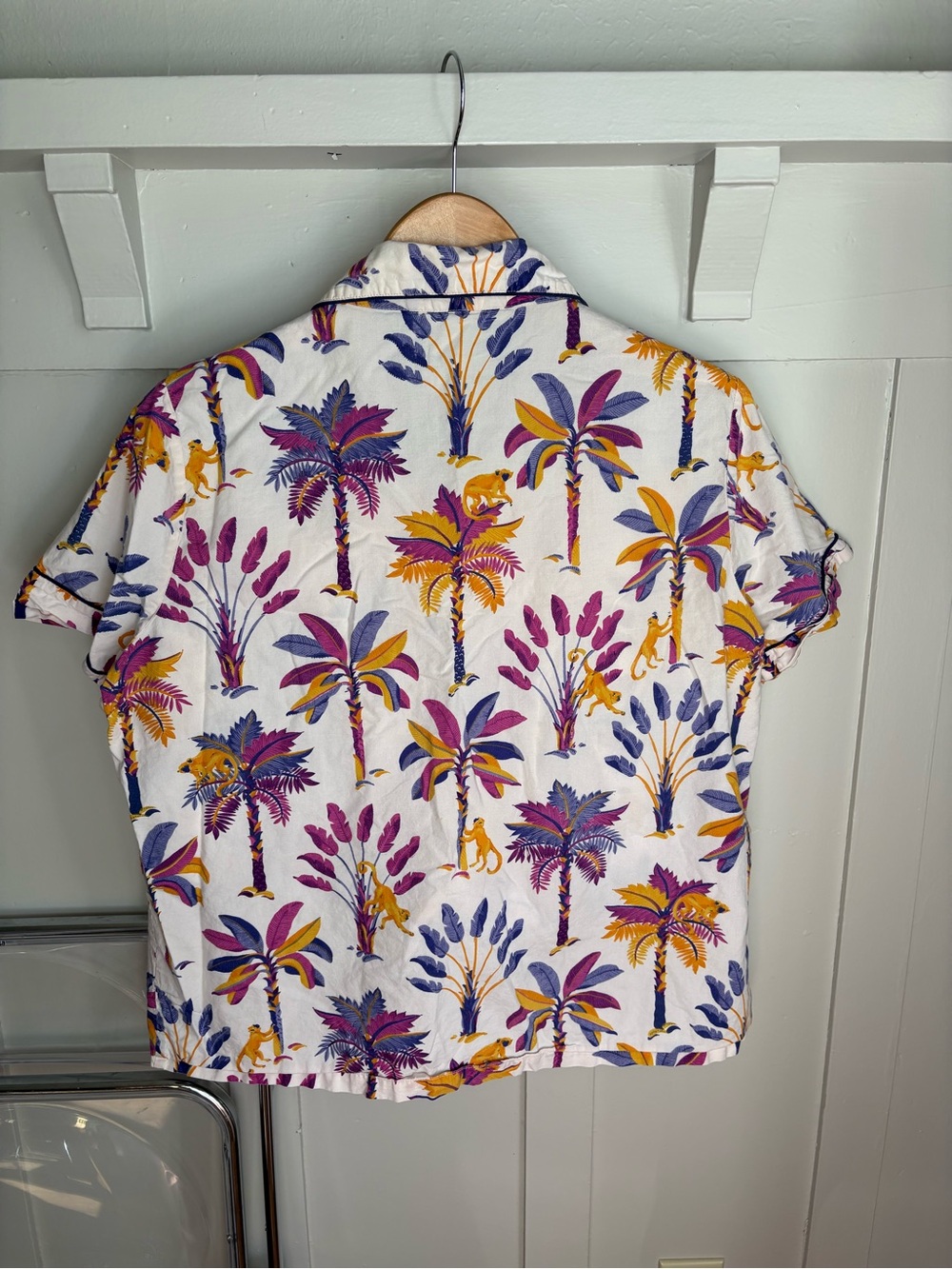 Tropical Palm Short Pajama Set in Cream with Purple & Yellow Print - Picture 3 of 10